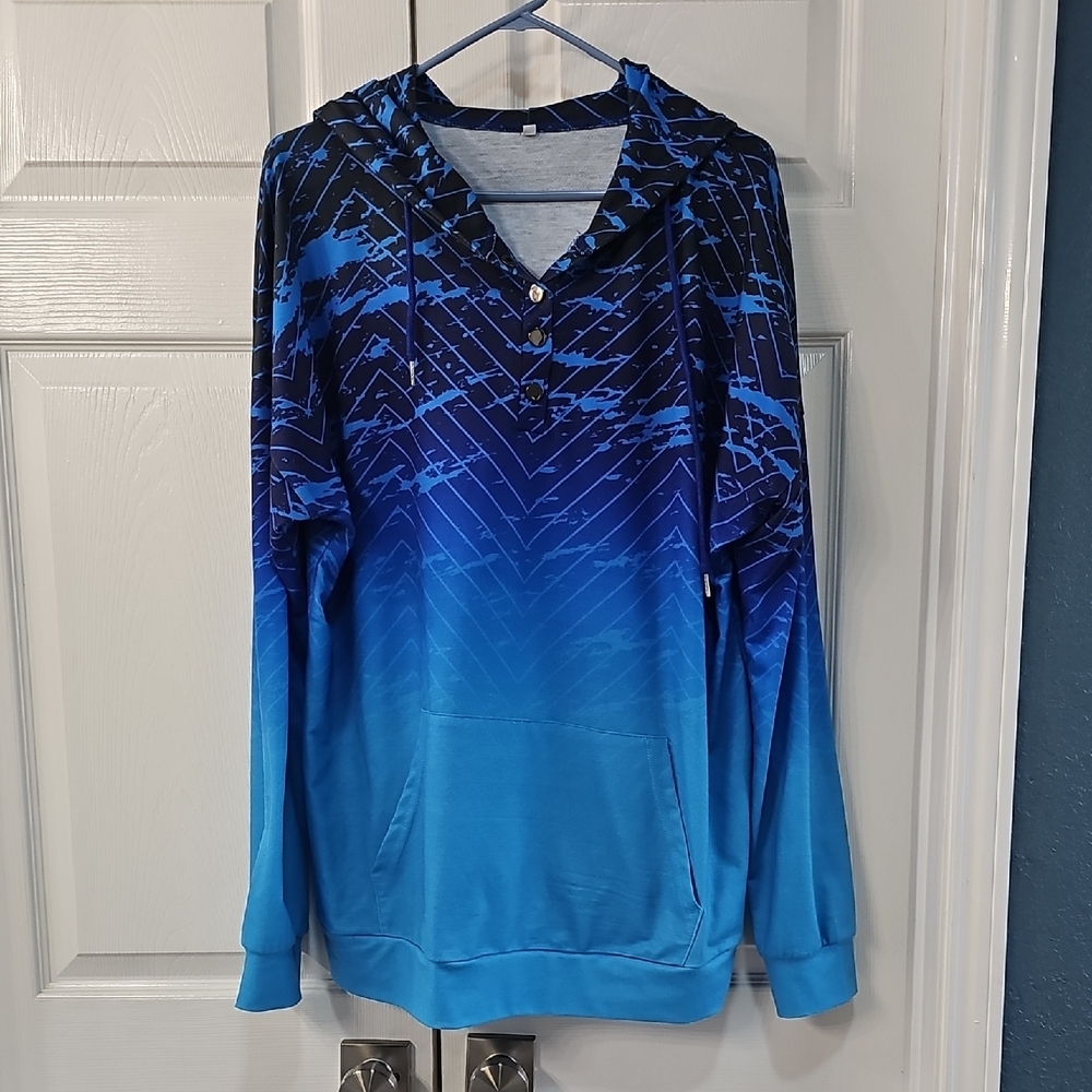 90's Y2K Geometric Ombre Blue Kangaroo Pocket Hoodie